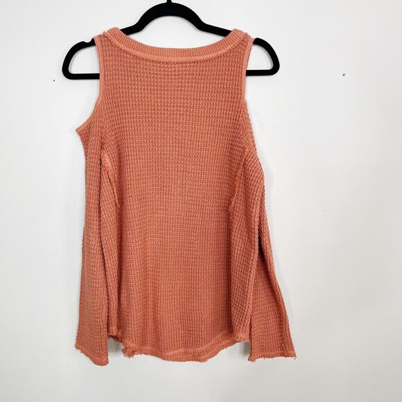 Free People Sunrise Cold Shoulder Waffle Sweater Coral XSmall XS Scoop Neck Knit - Picture 2 of 12